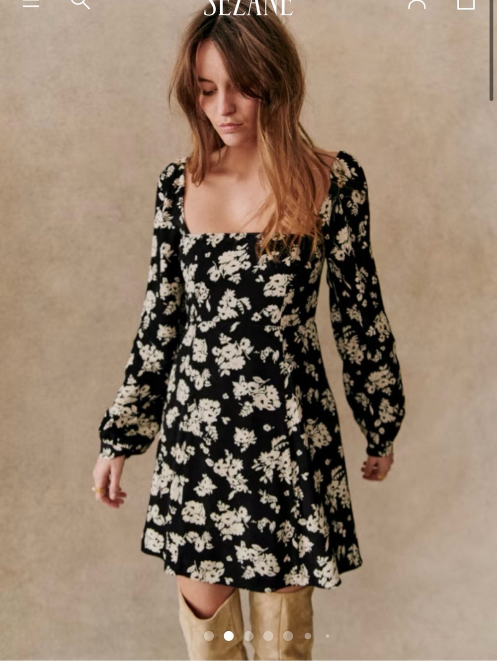 Sézane Black & White Floral Long-Sleeve Square-Neck Dress